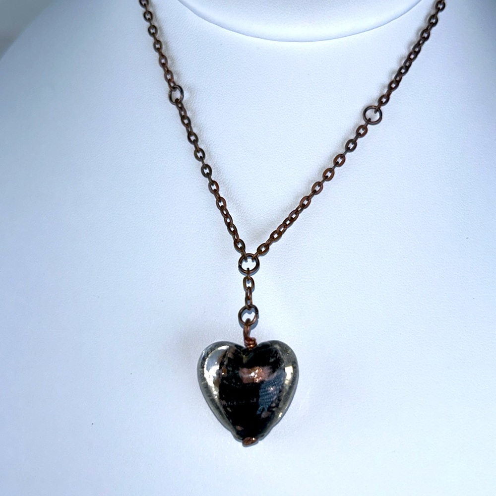 Artisan Handmade Vintage Blown Glass Heart Shaped Bead Copper Necklace Bohemian